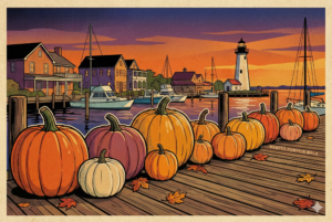 A shot of pumpkins lined up on the Manteo waterfront boardwalk at dusk